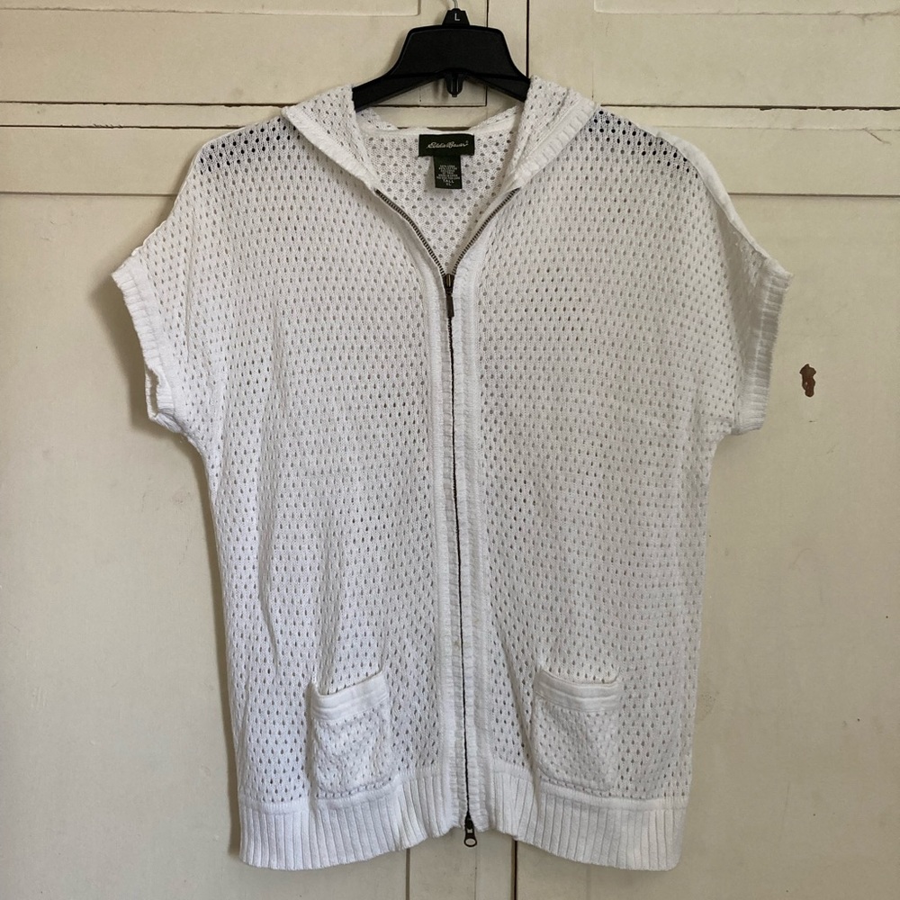 White, Eddie Bauer Crocheted Sleeveless Hoodie, Tall XL